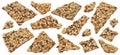 Broken crispbread, whole grain crackers with flax seeds isolated on white background