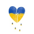 Broken cry watercolor heart with Ukraine flag. International protest, Stop the war against Ukraine.