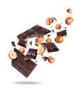 Broken dark chocolate bar with whole and crushed hazelnuts in the air on white background Royalty Free Stock Photo
