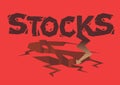 Broken design font of Stocks with a down arrow crashing into the ground on a red background