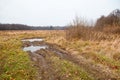 Broken dirt road in the field Royalty Free Stock Photo