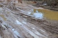 Broken dirt road after heavy rain. Swampy lagoon of a road demonstrates the most common problem in maintaining rural roads Royalty Free Stock Photo