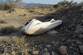 A broken, discarded boat in the dry lake, Boat in desert