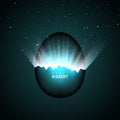 Broken easter egg and universe. Rays of light and space with stars from cracks in an easter egg on a dark background. Vector Royalty Free Stock Photo