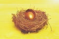 Broken easter golden egg with shell in bird nest Royalty Free Stock Photo