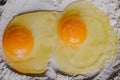 Broken egg on flour, means for making bread. Close-up raw egg yolk on flour with selective focus Royalty Free Stock Photo