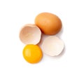 Broken Egg Isolated, Raw Yolk and White, Cracked Brown Shell, Fresh Broken Chicken Eggs on White Background Royalty Free Stock Photo