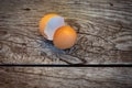 Broken egg shell on wooden board. Chicken egg shells for natural fertilizers. Ecological Calcium