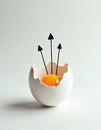 Broken egg with three black arrows pointing up from yolk. Cracked white eggshell on plain background. Abstract concept of growth, Royalty Free Stock Photo