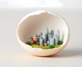Broken egg with tiny city skyline built inside the eggshell Generative AI Royalty Free Stock Photo