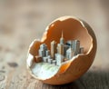 Broken egg with tiny city skyline built inside the eggshell Royalty Free Stock Photo