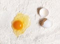 Broken egg on white flour background. Royalty Free Stock Photo