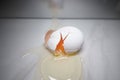 Cracked egg spills yolk on a smooth surface Royalty Free Stock Photo
