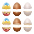 Broken eggs cracked open easter eggshell design 3d realistic icons set isolated vector illustration Royalty Free Stock Photo