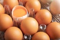 broken eggs of duck in plastic box on the wooden table Royalty Free Stock Photo