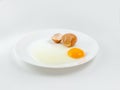 Broken eggs on a plate white background. reddish yellow. Royalty Free Stock Photo