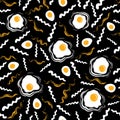 Broken eggs seamless pattern. Scrambled eggs. Breakfast background. Hipster Fashion Style Geometric Pattern.