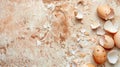 Broken eggs scattered on wooden table, a natural ingredient in cuisine Royalty Free Stock Photo