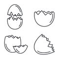 Broken eggshell icons set, outline style