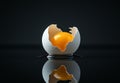 Broken eggshell with raw egg on a black minimalist surface reflective background Royalty Free Stock Photo