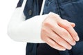 Broken elbow with medical bandage or gypsum
