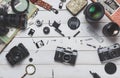 Broken film camera component repair and maintenance of photographic equipment concept