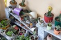 Broken flower pots on a marble plants stand high angle view