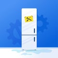 Broken fridge home kitchen appliances Household freezer with repair sign notes. Vector illustration white refrigerator