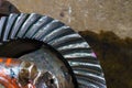 Broken Gear wheel close-up.The car\'s rear differential is broken. Royalty Free Stock Photo