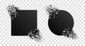 Broken geometric shape with explosion, particles. Shatter stone with debris. Black graphic circle, square with break elements.