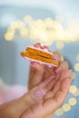 Broken gingerbread held by female hands