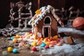 broken gingerbread house with crumbs and candies