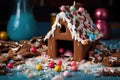 broken gingerbread house with crumbs and candies