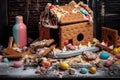 broken gingerbread house with crumbs and candies