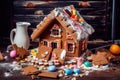 broken gingerbread house with crumbs and candies