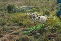 Broken glass bottles in grass