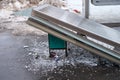 Broken glass bus stop wall and fallen roof due to winter snow - Moscow, Russia, 03 04 2021