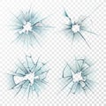 Broken glass. Cracked texture on mirror, smashed windows or damaged car windshield. Realistic crack hole vector set Royalty Free Stock Photo