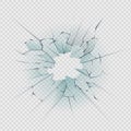 Broken glass. Cracked window texture realistic destruction hole in transparent damaged glass. Realistic shattered glass