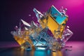 broken glass crystal cubes on purple background. Creative concept. ai generated