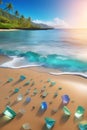 A broken glass effect of a beautiful beach in Hawaii, blue sea, sky, clouds, waves, sands, tree, dreams travel, printable, natural Royalty Free Stock Photo