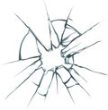 Broken glass featuring radial cracks emanating from a central hole, creating a dramatic visual effect against a white