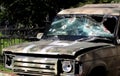 broken windshield of the paramedics machine. The texture of broken glass. Armored vehicle paramedics.