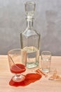 A broken glass, red tomato juice spilled on the table next to a bottle of vodka