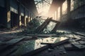 broken glass scattered across abandoned factory floor, symbolizing the destruction of manmade structures