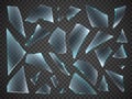 Broken glass shards. Realistic different random shapes pieces. 3D sharp chipped fragments. Transparent shattered window