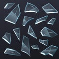 Broken glass shards. Realistic transparent different shapes pieces. 3D crashed fragments with cracks. Shattered window Royalty Free Stock Photo