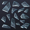 Broken glass shards. Realistic transparent different shapes pieces. 3D crashed fragments with cracks. Shattered window debris Royalty Free Stock Photo