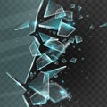 Broken glass shatter explosion, vector 3D splinters, sharp ice fragments on transparent background.