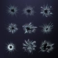 Broken glass vector realistic bullet holes in window shattered mirrow illustration set of cracked crushed glasses Royalty Free Stock Photo